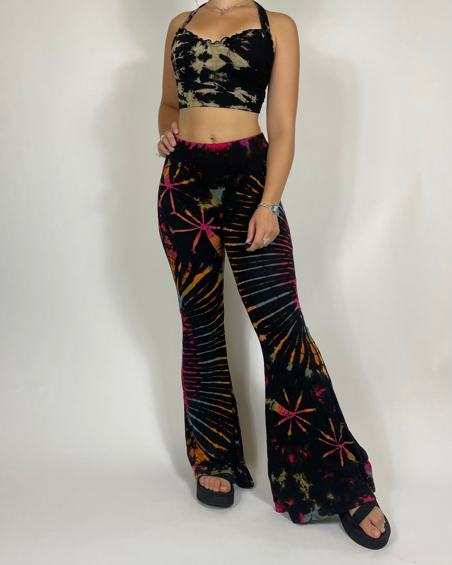 black tie dye flared pants front