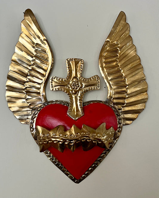 Handmade Mexican Tin Sacred Heart with Wings