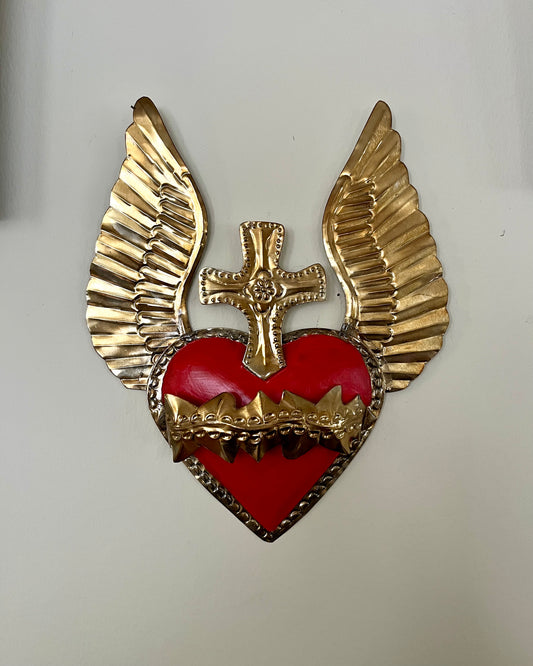 Handmade Mexican Tin Sacred Heart with Wings