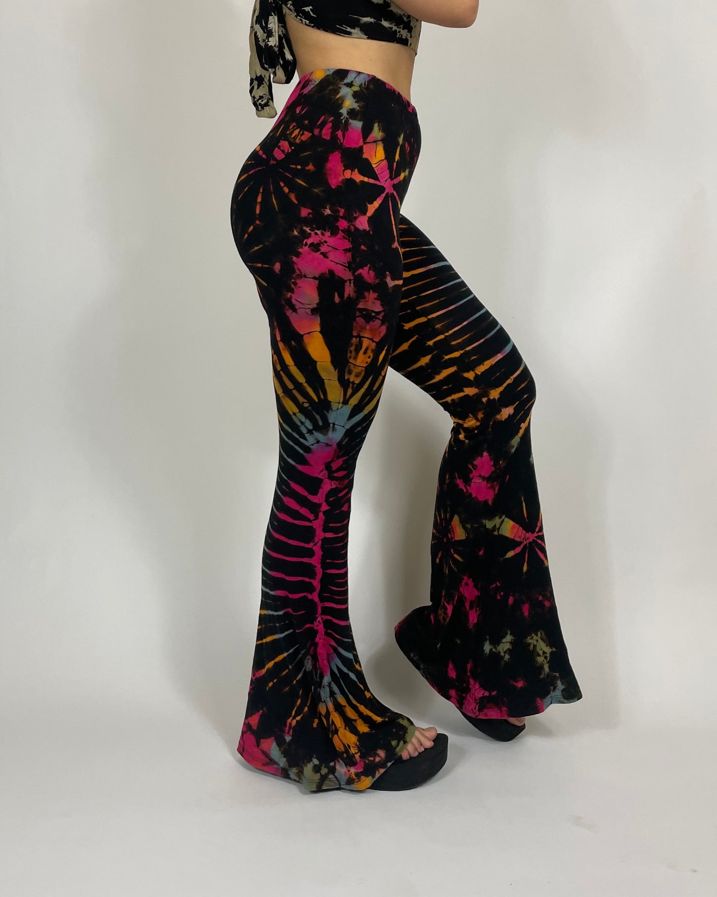 black tie dye flared pants back