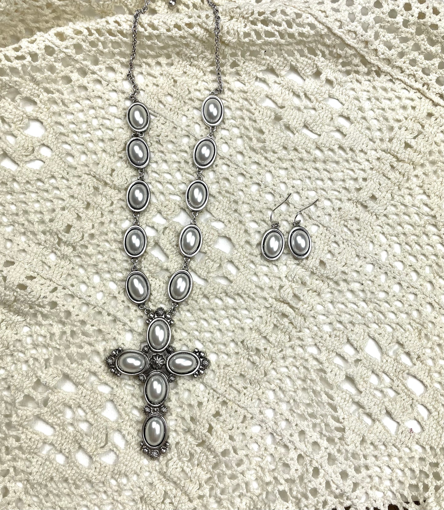 Pearl cross Necklace and Earring Set